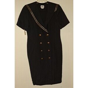 Vintage Leslie Fay‎ Black Gold Trim Front Button Sheath Sailor Style Dress Sz 12